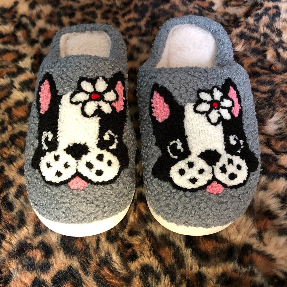 Cute Girl Frenchie French Bulldog Cushioned Fleece Slippers Gray Women's Sz 9-10